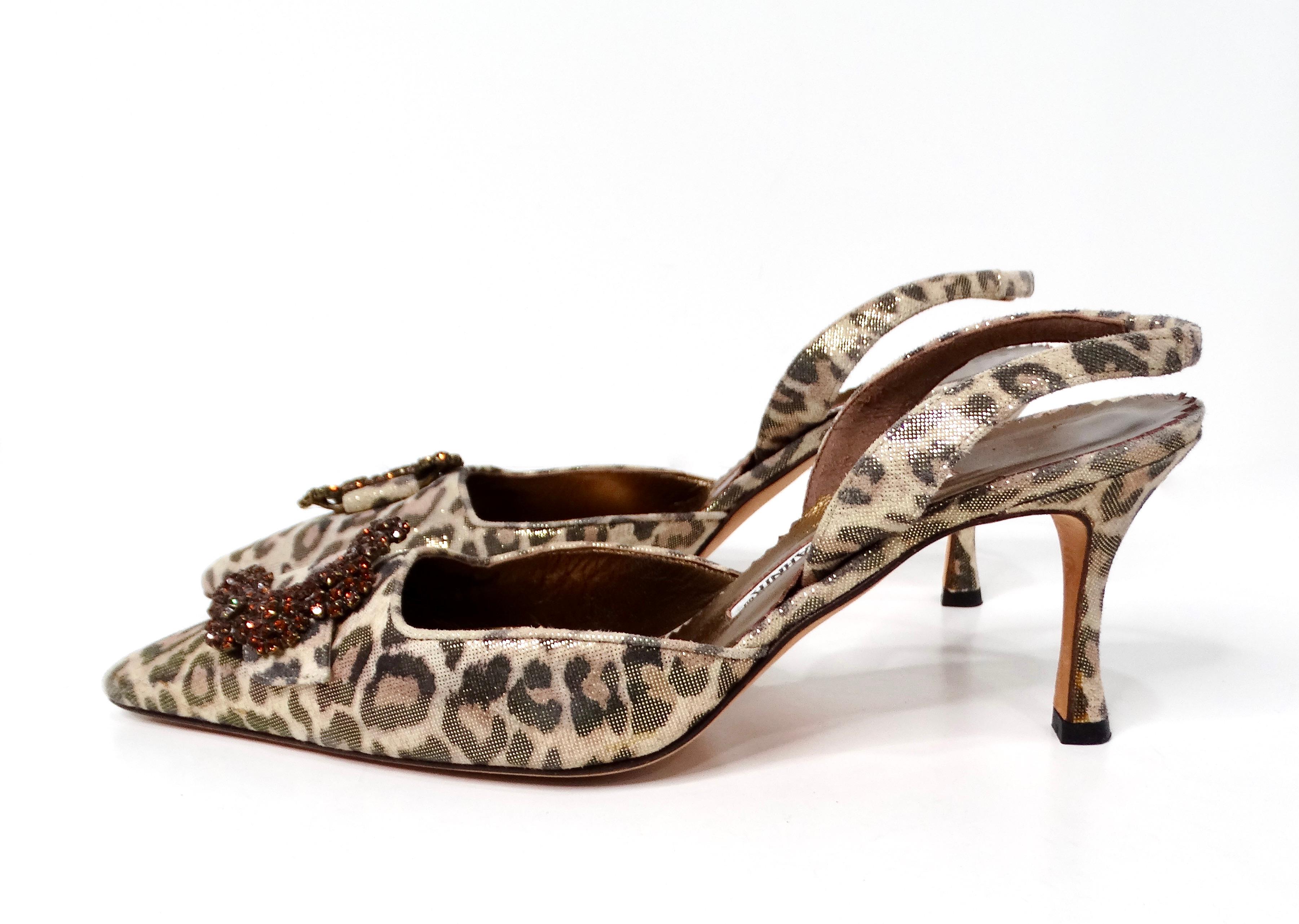 Women's Manolo Blahnik Metallic Leopard Print Suede Slingback Pumps circa Y2K For Sale