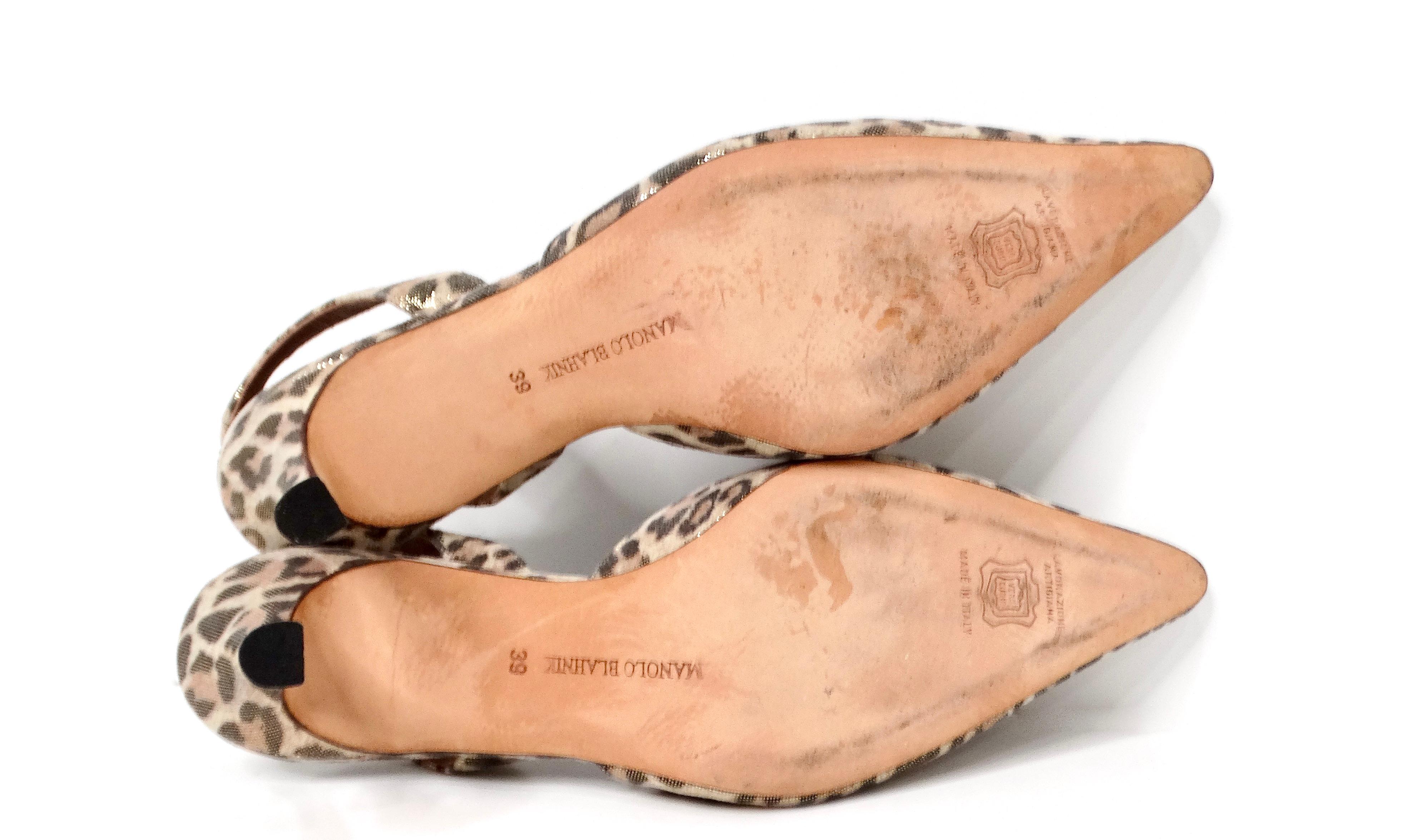 Manolo Blahnik Metallic Leopard Print Suede Slingback Pumps circa Y2K For Sale 1