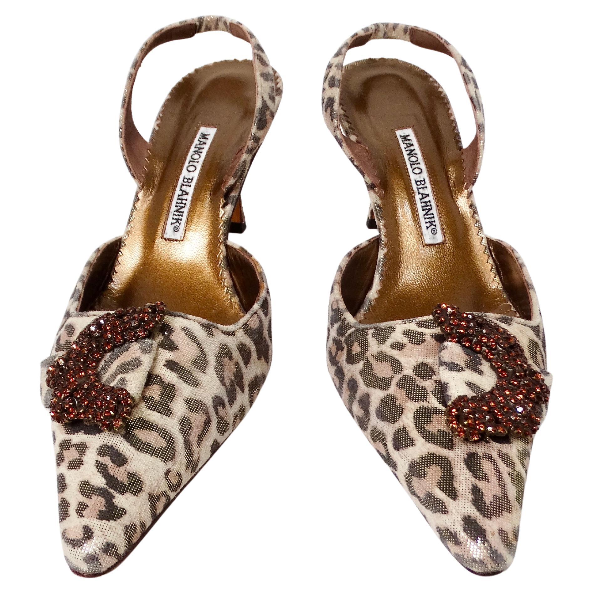 Manolo Blahnik Metallic Leopard Print Suede Slingback Pumps circa Y2K For Sale