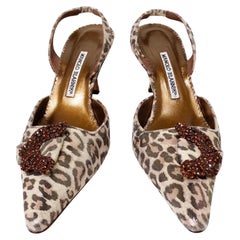 Manolo Blahnik Metallic Leopard Print Suede Slingback Pumps circa Y2K