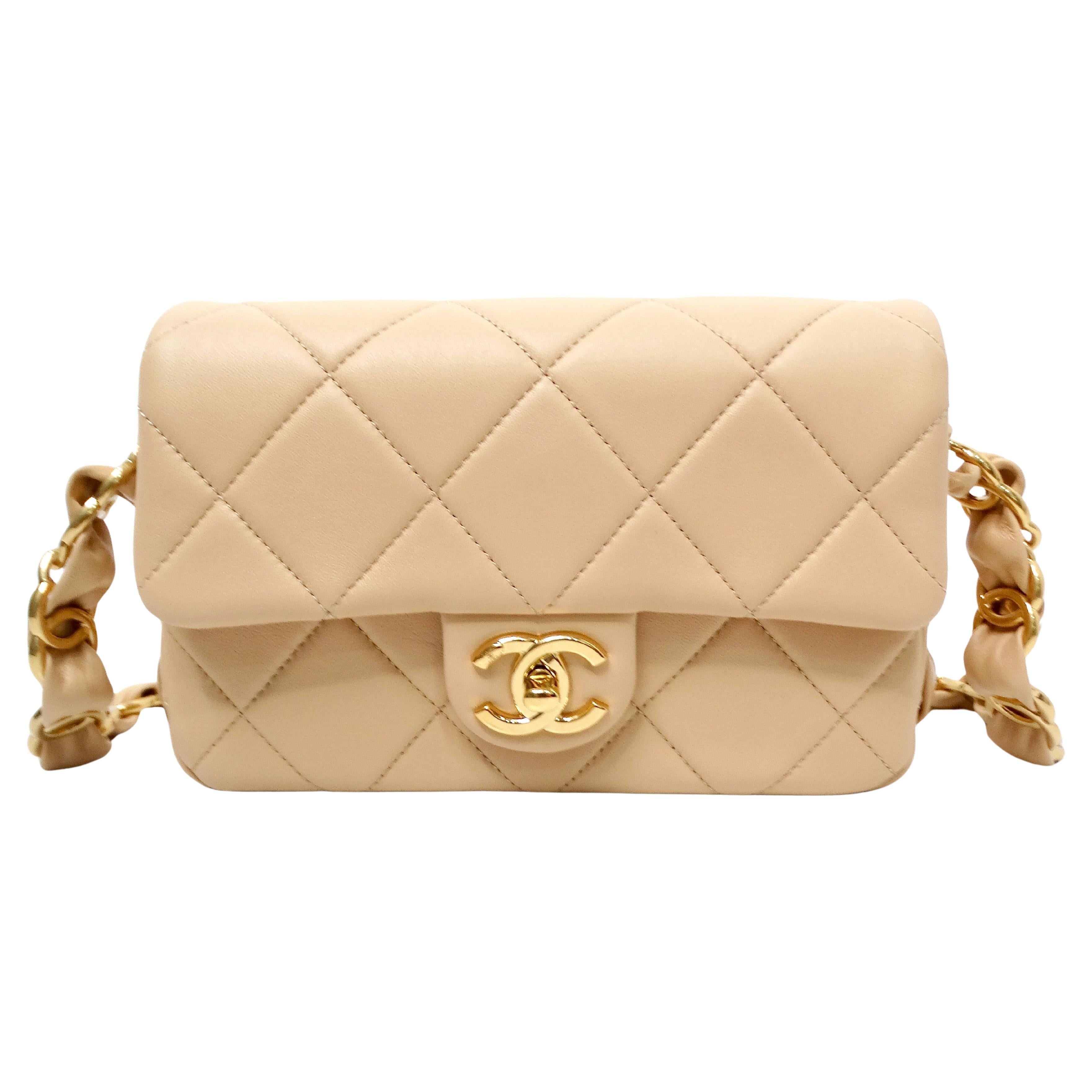Chanel Beige Gestepptes Lammfell Interlocking CC Kette Klappe Tasche 2024 im Angebot