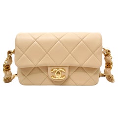 Chanel Beige Quilted Lambskin Interlocking CC Chain Flap Bag 2024