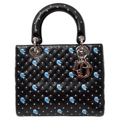 Christian Dior Black Calfskin Embroidered Flower Lady Dior Handbag circa 2015