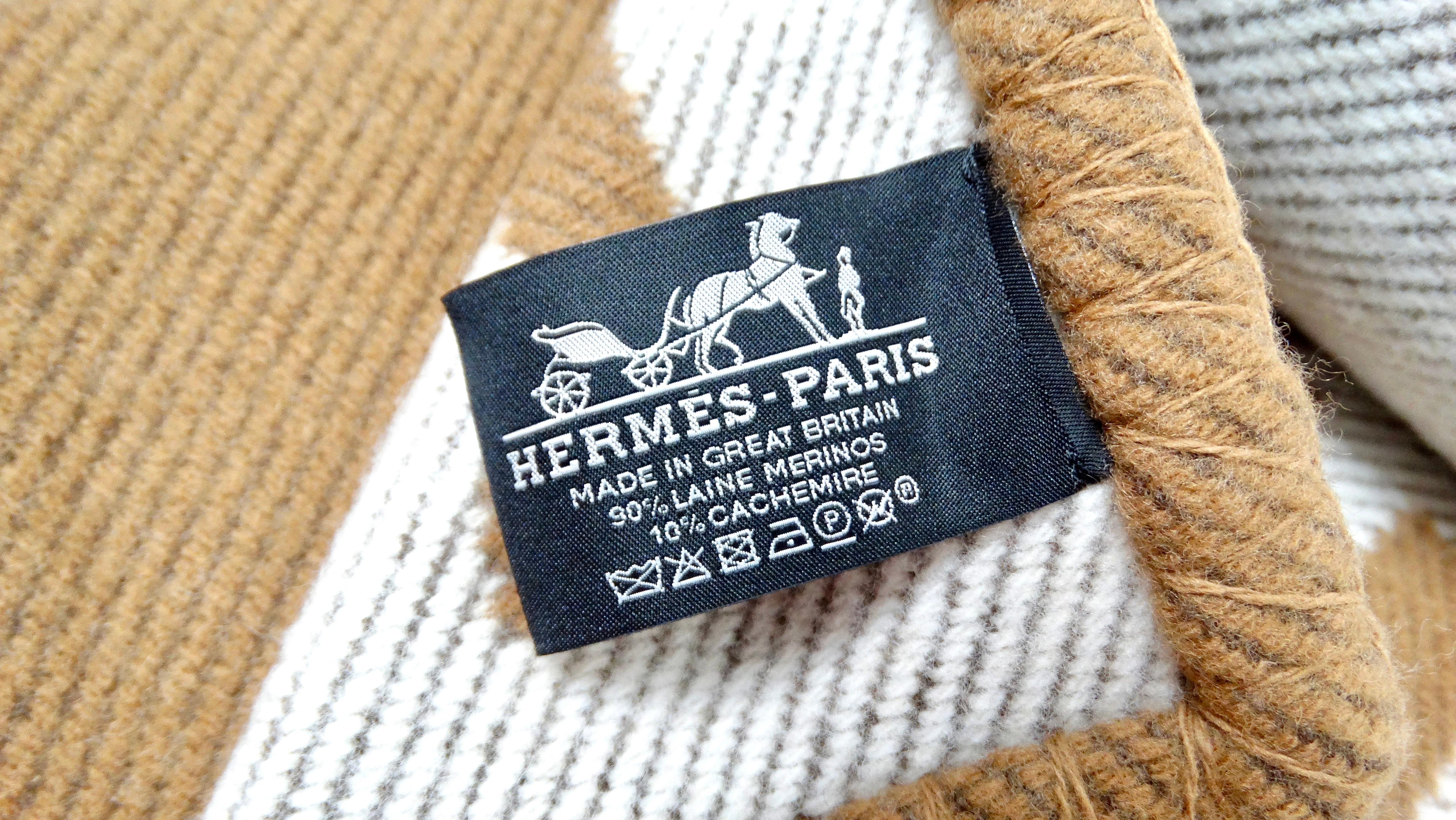 Coperta Hermes Avalon in misto lana e cashmere color cammello ed ecrù in vendita 1