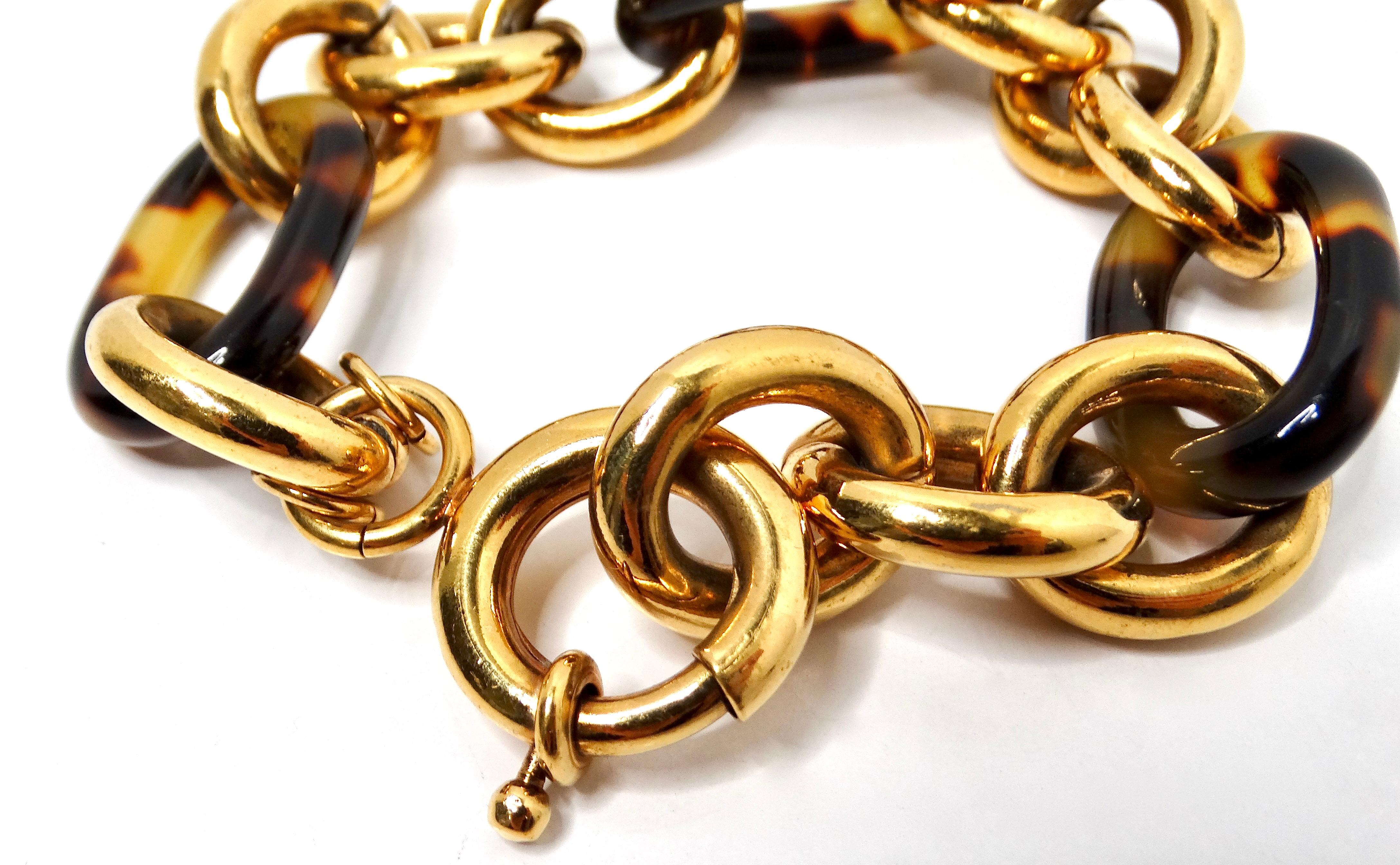 Fendi Inspired 18k Gold Plated & Tortoise Chain Link Bracelet In Good Condition For Sale In Scottsdale, AZ