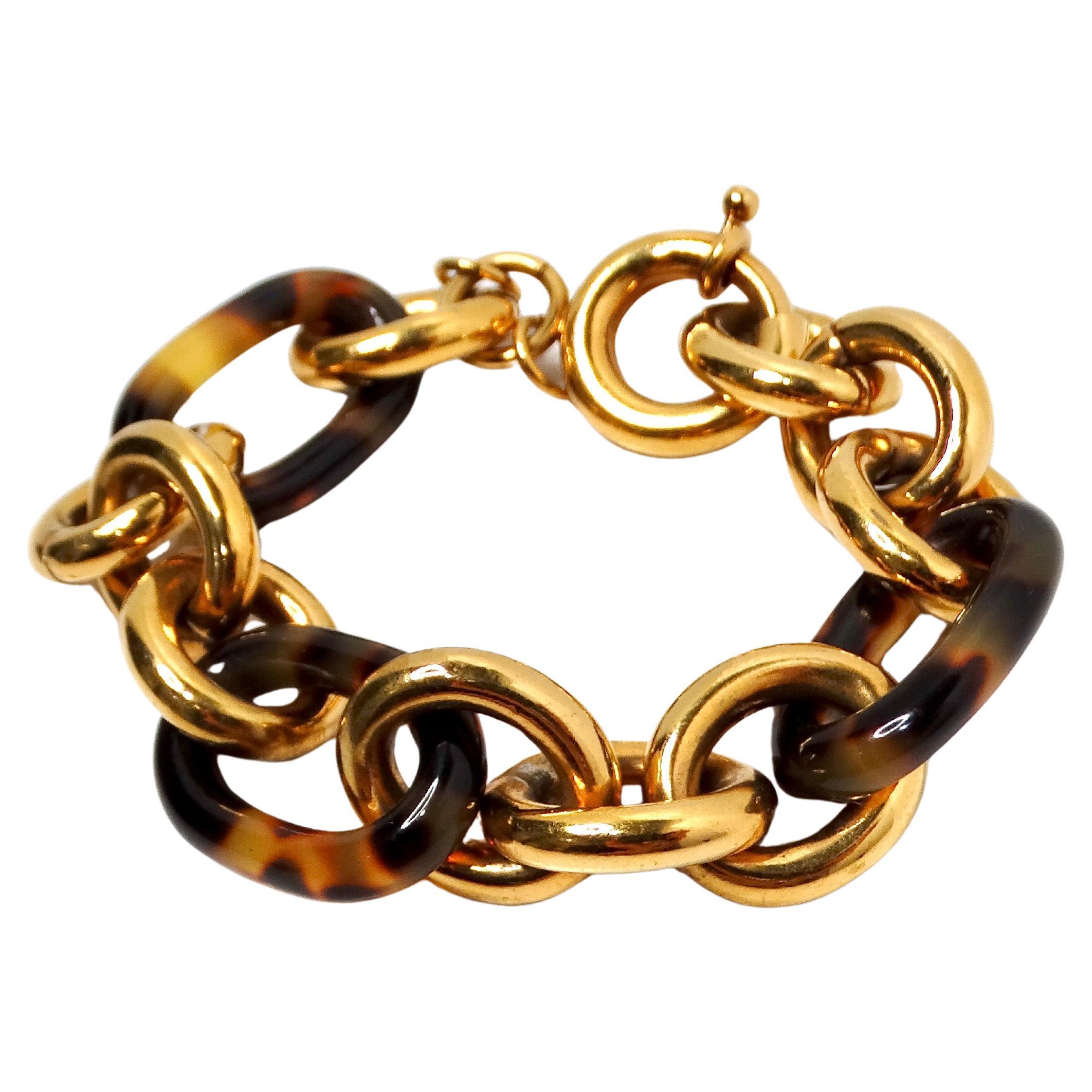 Fendi Inspired 18k Gold Plated & Tortoise Chain Link Bracelet For Sale