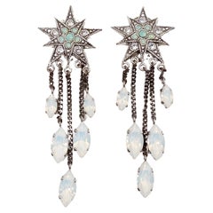 Vintage Celestial Starburst Sterling Silver Rhinestone Drop Dangle Earrings