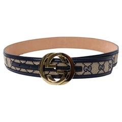 Gucci Navy & Beige Gold Tone- GG Supreme Monogram Canvas & Leather Belt