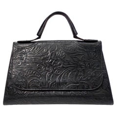 Fendi Floral Embossed Black Leather Top Handle Flapbag circa 1970s