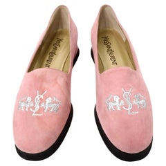 Vintage Yves Saint Laurent Rose Suede Embroidered Covered Wedge Loafers circa 1998