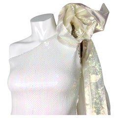 Larry LeGaspi 1990s White Iridescent Sequin One-Shoulder Rosette Evening Gown