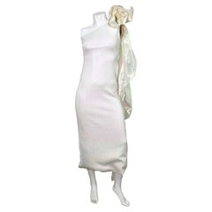 Larry LeGaspi 1990s White Iridescent Sequin One-Shoulder Rosette Evening Gown