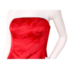 Tom & Linda Platt Red Satin Floral Print Strapless Evening Gown circa 1990s