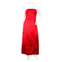 Tom & Linda Platt Red Satin Floral Print Strapless Evening Gown circa 1990s