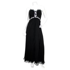 Melinda Eng – Schwarzes Abendkleid aus Chiffon mit Perlenverzierung und Herzausschnitt, ca. 1990er Jahre