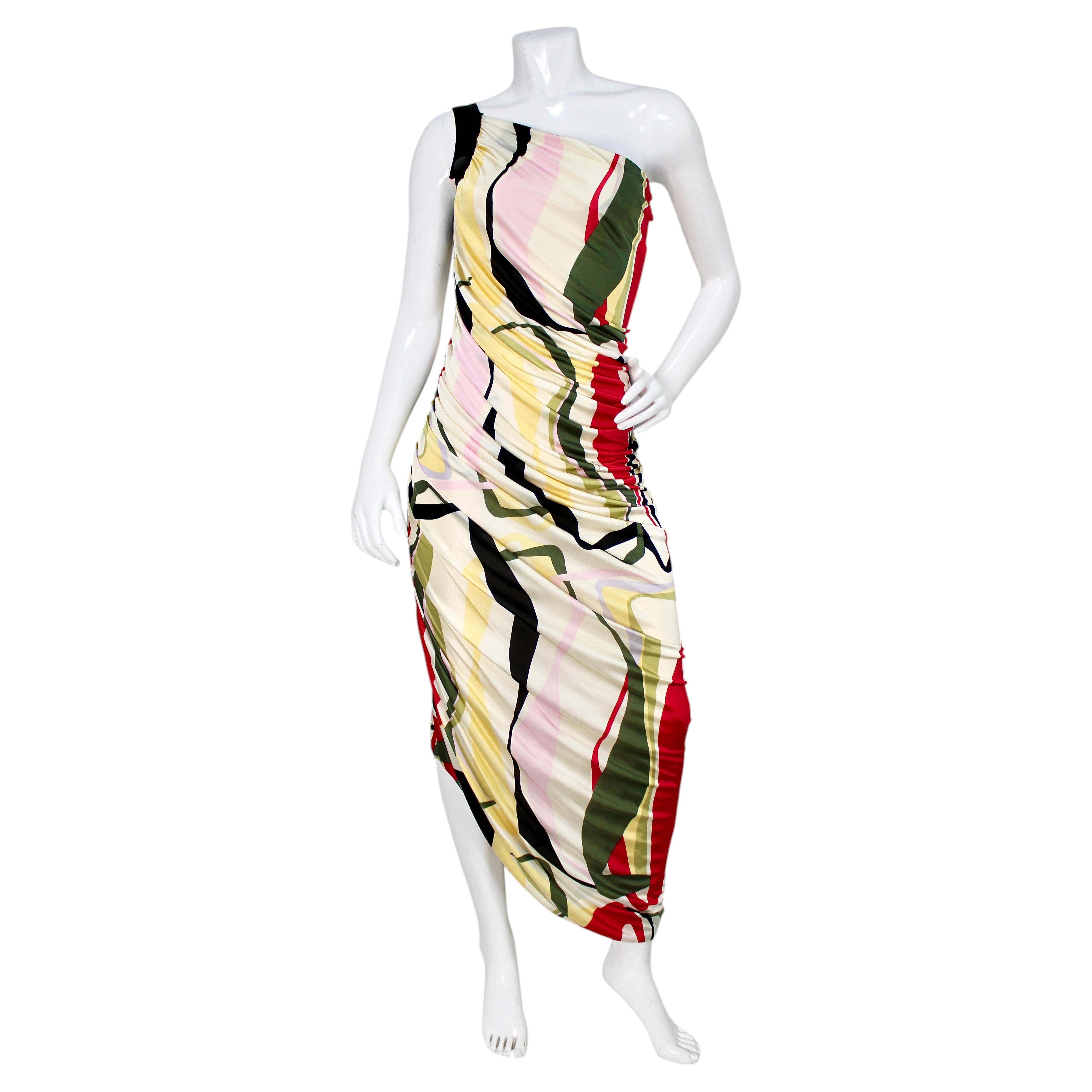 Robe asymétrique à une épaule, froncée et à imprimé multicolore Missoni en vente