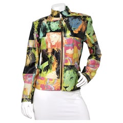 St. John Sport Lion Print Pop Art Style Zip-Up Leather Jacket circa 1990s