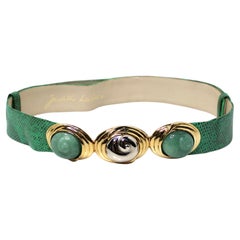 Judith Leiber Green Snakeskin-Embossed Leather & Jade Accent Vintage Waist Belt