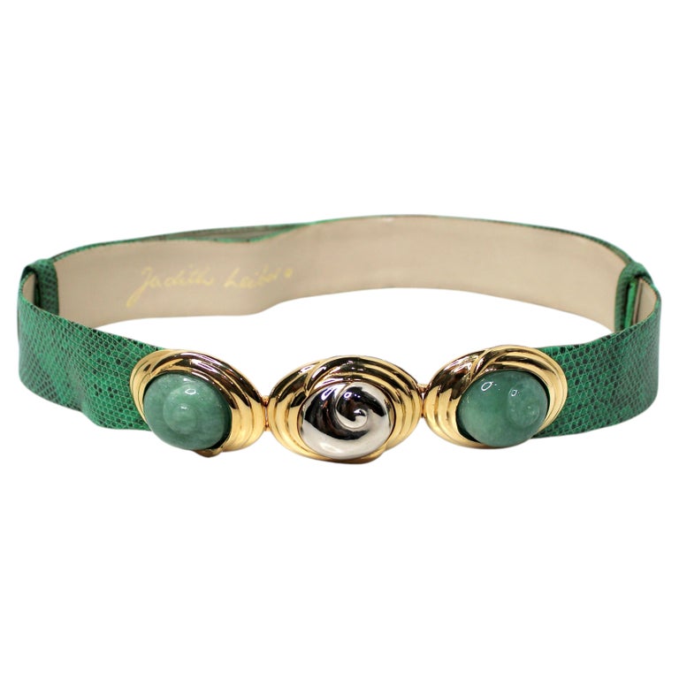 JUDITH LEIBER VTG GOLD BUCKLE W GREEN BELT. Vintage 1980s JUDITH LEIBER Gold Metal & SNAKESKIN Leather  main image 4