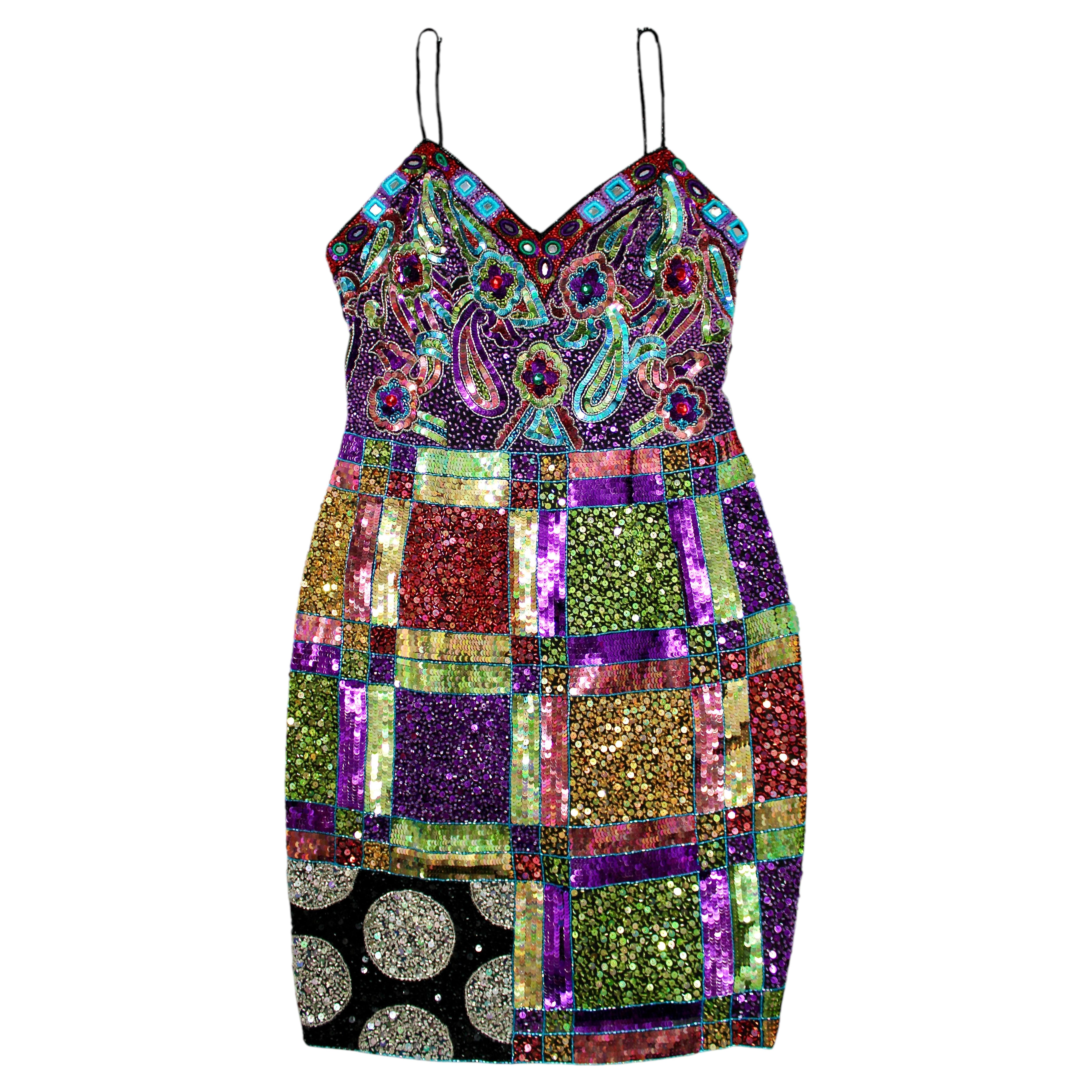 Vestido de cóctel corto de seda con lentejuelas multicolores «Riazee Nights» de Naeem Khan, de alrededor de los años 80