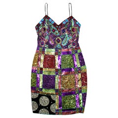 Naeem Khan Riazee Nights Multicolor Sequin Silk Mini Cocktail Dress circa 1980s