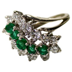 Emerald & Diamond Cluster 14k White Gold Ring circa 1970s