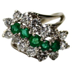 Emerald & Diamond Cluster 14k White Gold Ring circa 1970s