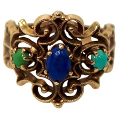 Three-Stone 14k Gold Filigree Statement Cocktail Ring circa 1970s