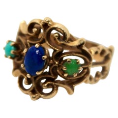 Three-Stone 14k Gold Filigree Statement Cocktail Ring circa 1970s