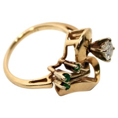 Ring aus 14-karätigem Gelbgold mit grünem Smaragd und Diamanten, ca. 1970er Jahre