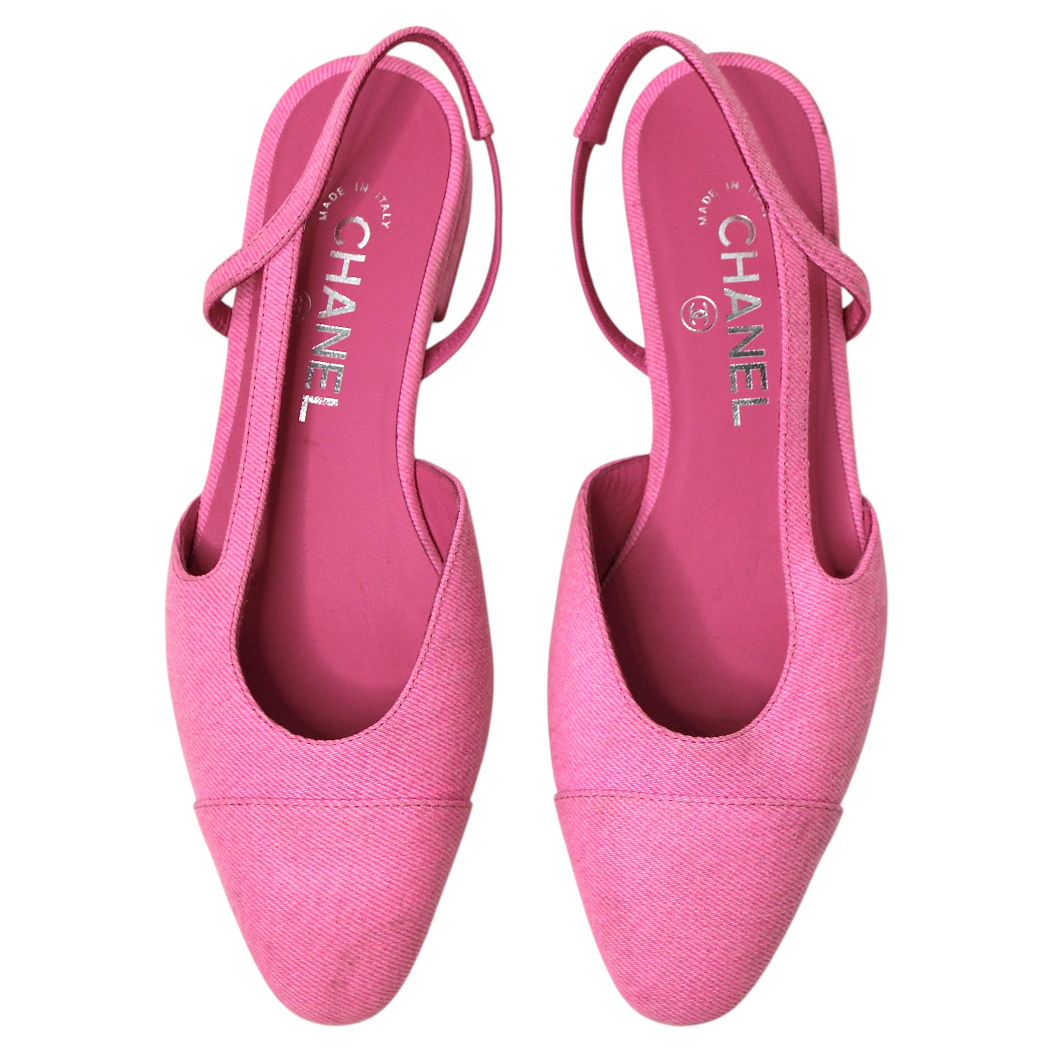 Chanel Pink Denim Cap-Toe Slingback Flats For Sale