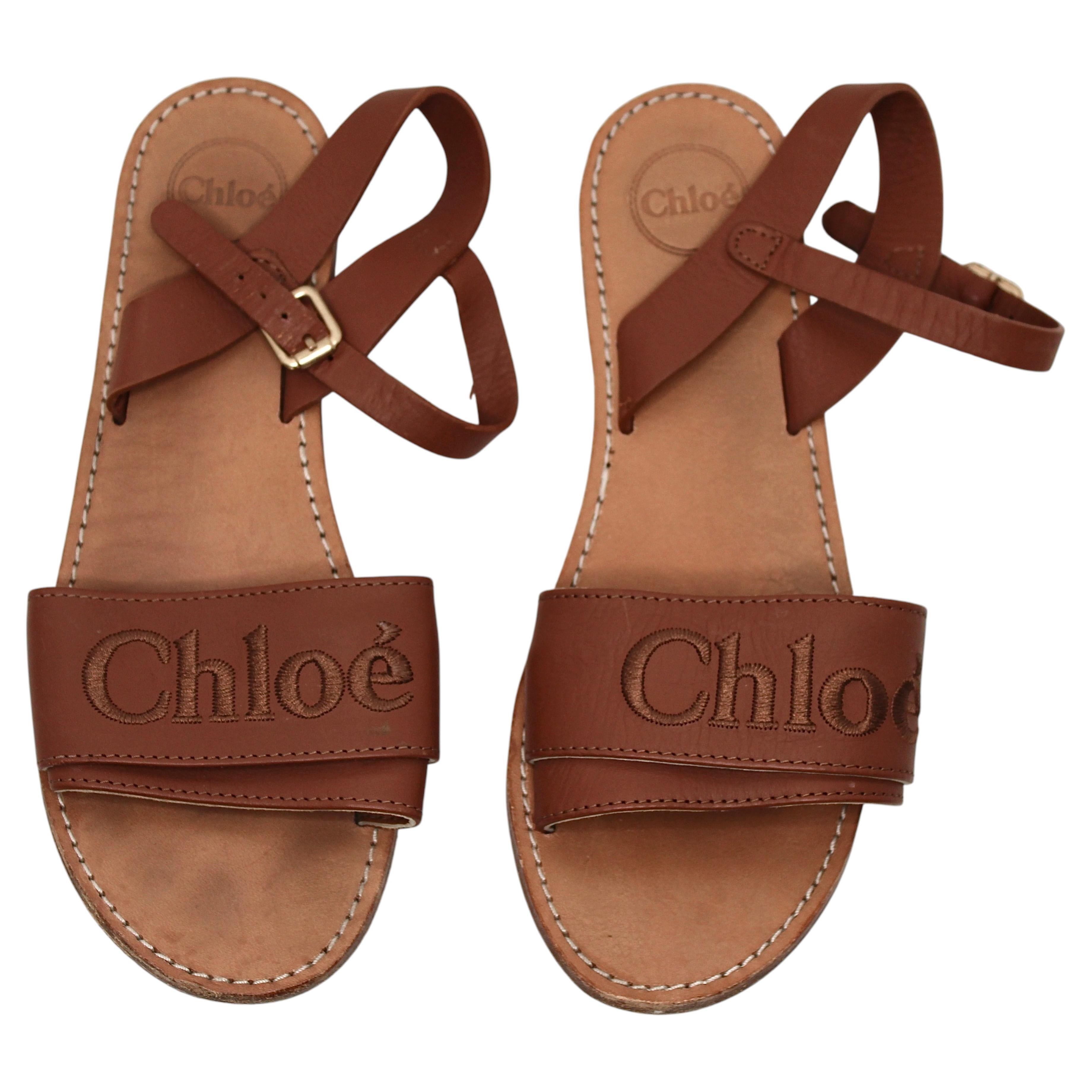 Chloé Stellar Brown Leather Embroidered Logo Strap Sandals For Sale