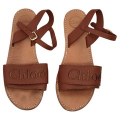 Chloé Stellar Brown Leather Embroidered Logo Strap Sandals