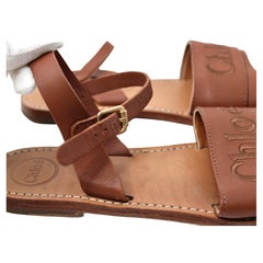 Chloé Stellar Brown Leather Embroidered Logo Strap Sandals