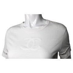 Chanel Coco Mark White Cotton Embroidered T-Shirt With Crochet Detailing
