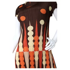 Issey Miyake Pleats Please Brown & Orange Vintage Backgammon-Pattern Dress