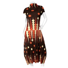 Issey Miyake Pleats Please Brown & Orange Vintage Backgammon-Pattern Dress