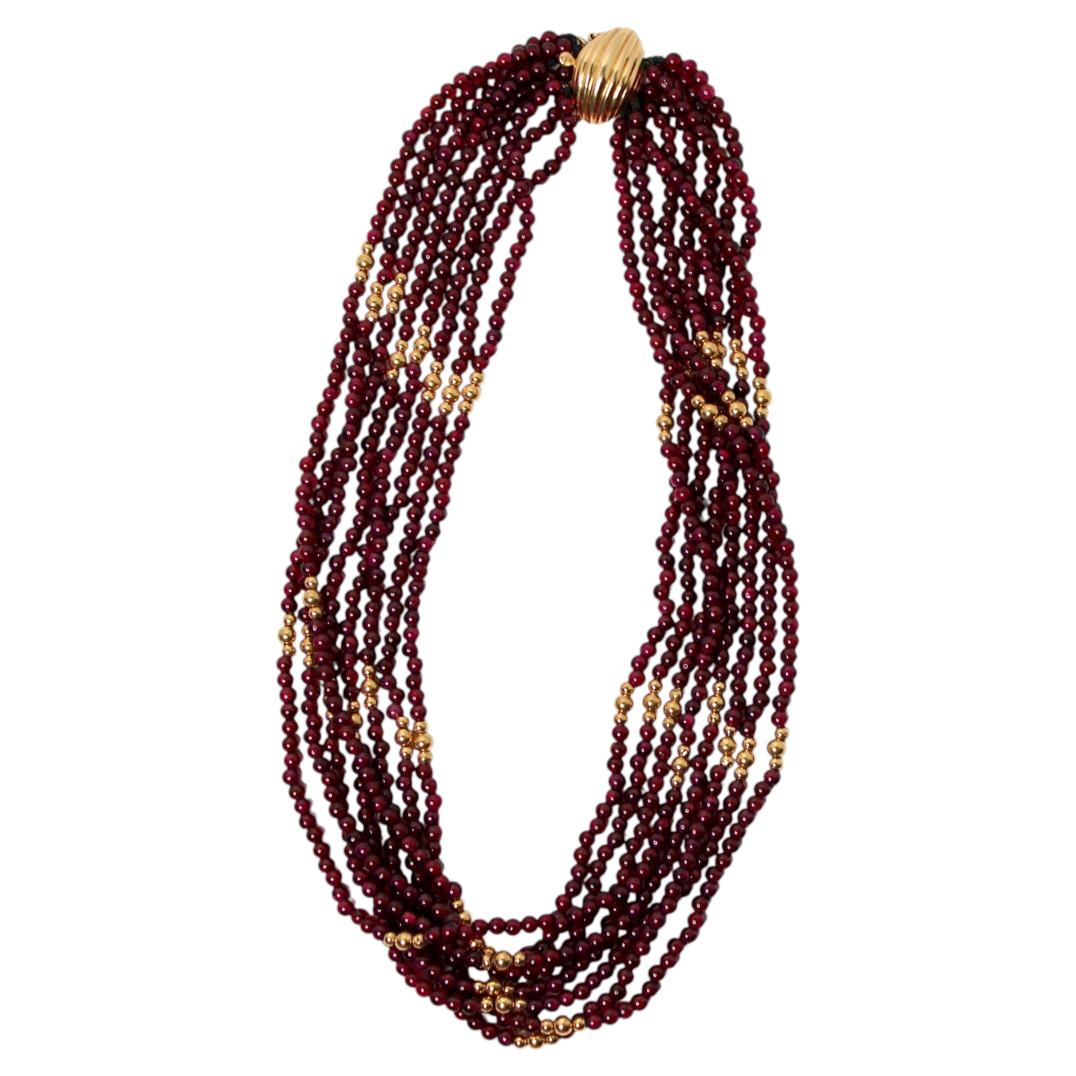 Red Lipstick Garnet Beaded 14k Yellow Gold Multi-Strand Necklace circa 1980s