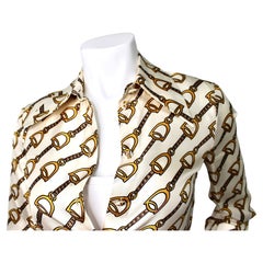 Gucci Off-White Equestrian Stirrup & Chain Link Silk-Twill Button Up Shirt