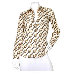 Gucci Off-White Equestrian Stirrup & Chain Link Silk-Twill Button Up Shirt