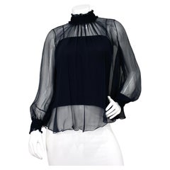 Christian Dior Navy Blue Semi-Sheer Silk Georgette Crepe Blouse circa 2021