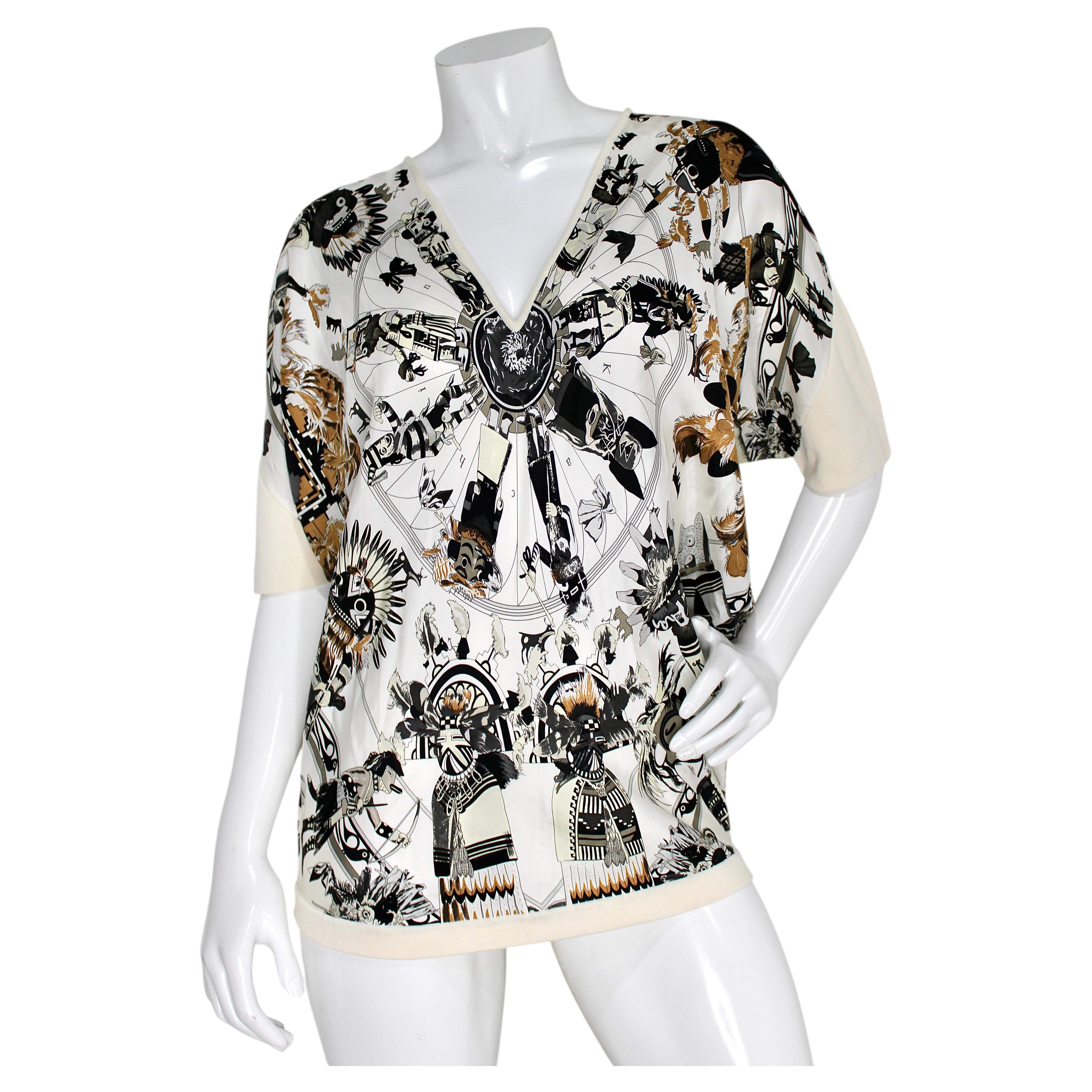 Hermès White Kachinas Silk Shirt with Kermit Oliver Graphic Print circa 1990s For Sale