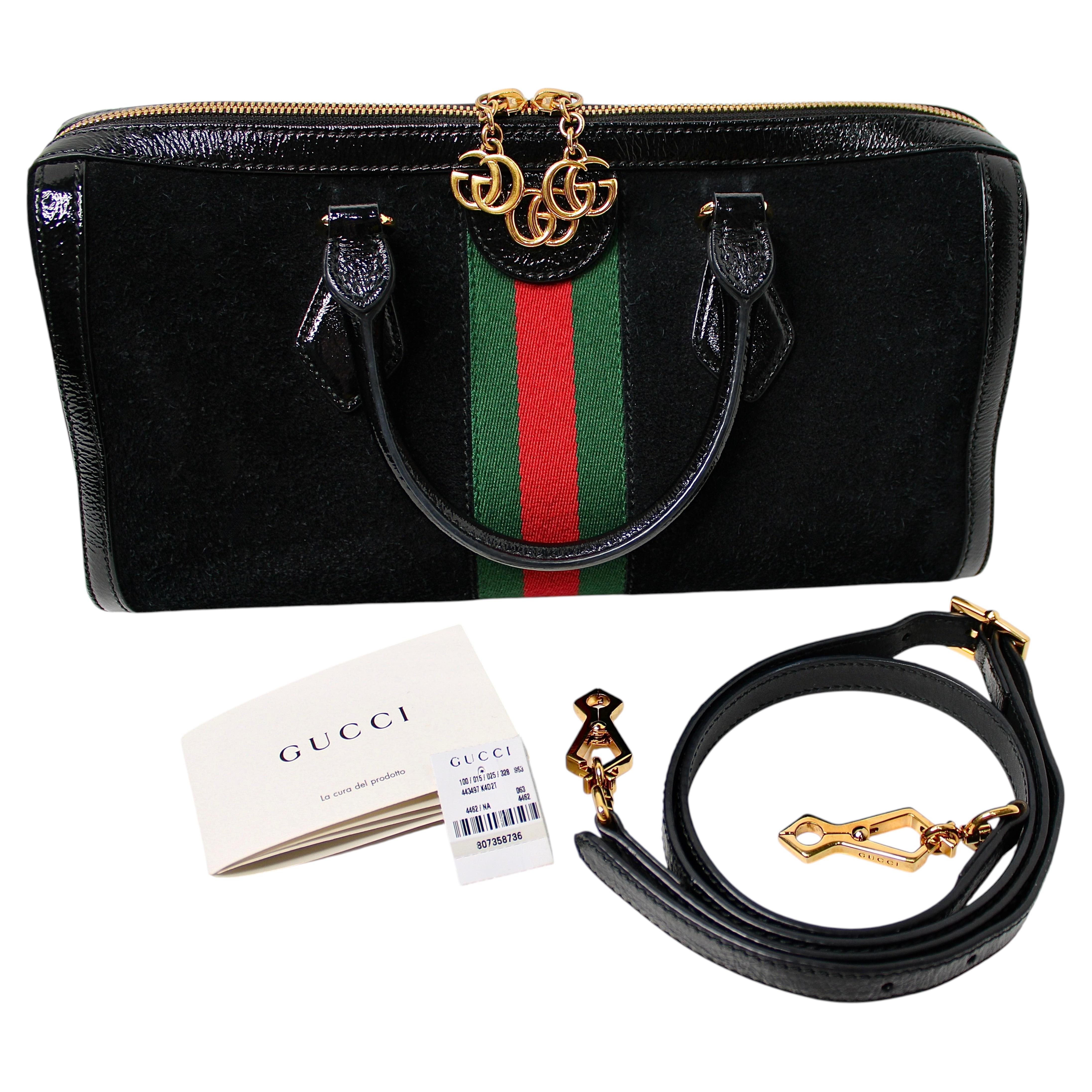 Gucci Black Suede and Patent Leather GG Medium Ophidia Boston Bag For ...