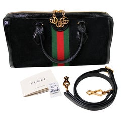Gucci Black Suede & Patent Leather GG Medium Ophidia Boston Bag