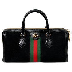 Gucci Black Suede & Patent Leather GG Medium Ophidia Boston Bag