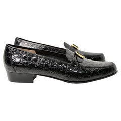Salvatore Ferragamo Nero "Newport" Croc-Embossed Block-Heel Vintage Loafers