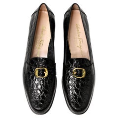 Salvatore Ferragamo Nero "Newport" Croc-Embossed Block-Heel Vintage Loafers
