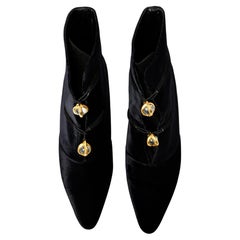 Manolo Blahnik Black Velvet & 24K Gold Plated Hardware Ankle Boots Circa 1993