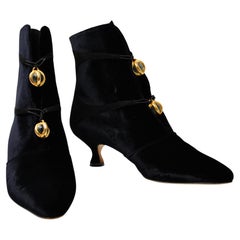 Manolo Blahnik Black Velvet & 24K Gold Plated Hardware Ankle Boots Circa 1993