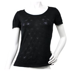 Chanel Black Boutique Monogram Pointelle Short Sleeve Silk Top Circa 1998
